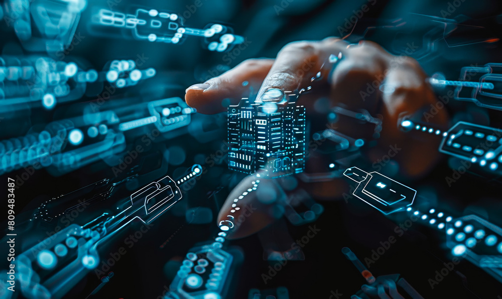Poster business leader innovating blockchain future: trusted global networking, futuristic data encryption,