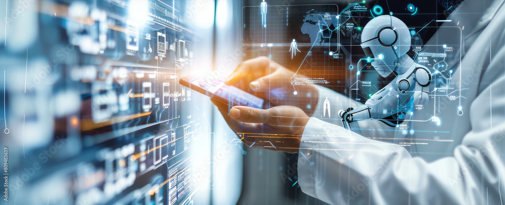 Poster doctor utilizing ai robotics and virtual interfaces for advanced medical diagnostics and research - 
