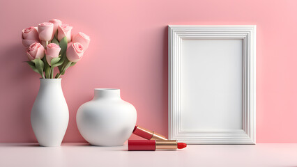 a vase with pink roses, lipstick and a picture frame suitable for cosmetic mockup