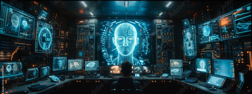 Poster futuristic film studio with an array of holographic screens displaying advanced video editing tools 