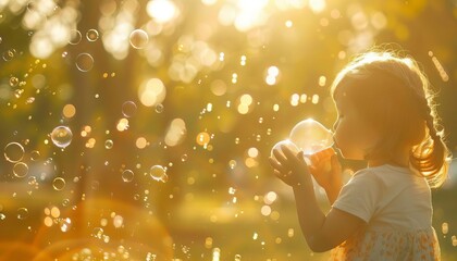 Children blowing bubbles in a park with sunlight streaming through trees, producing a magical bokeh backdrop