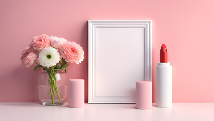 a vase of flowers, red lipstick and a picture frame on a table suitable for cosmetic concept