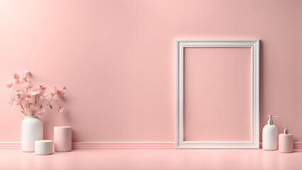 a picture frame and vases on a pink wall suitable for cosmetic template - Powered by Adobe