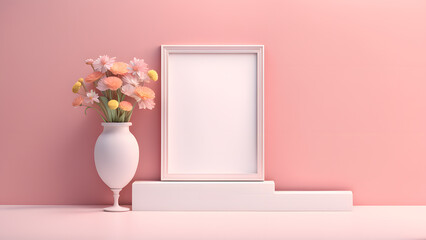 a vase with flowers and a picture frame on a shelf concept of modern beauty