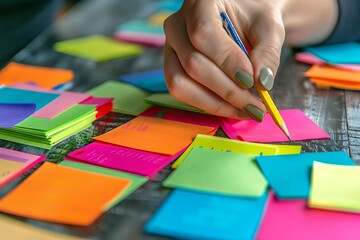 Colleagues in a creative brainstorming session using colorful index cards to represent challenges and solutions