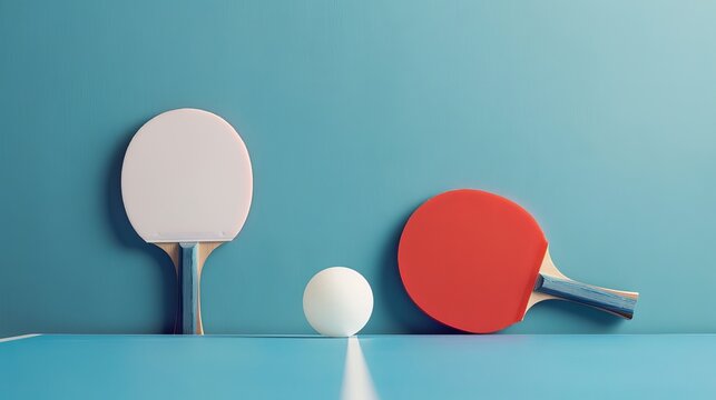 Ping pong paddles and a white ball are positioned on a blue board, ready for play.