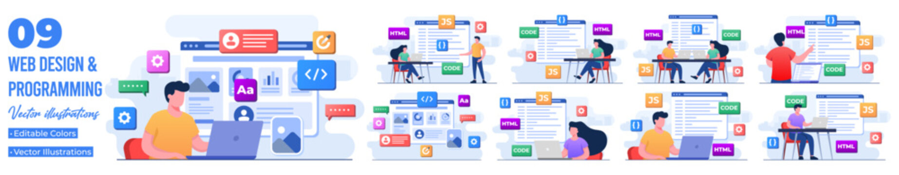 Set of flat illustrations of computer programming, Java, HTML symbols, Web design, Software, application design, programming languages, developing, website 