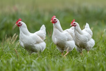 Fototapeta premium Bresse Chicken Enjoying a Sunny Day on the Meadow - White Fowl Pecking on Grass with Three