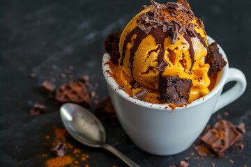 Brownie Chunks Delight: Pumpkin Ice Cream Served in a White Cup with Tasty Chunks of Brownie 