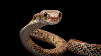 Fototapeta premium The Javanese cobra snake is depicted isolated on a black background, representing its habitat in Java, Indonesia, known scientifically as Naja sputatrix.