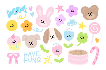 Illustration of teddy bear, bunny, puppy, flowers, cake, cupcake, candy, lollipop, pink ribbon, star, HAVE FUN letters for animals, pet, vet, pet shop, zoo, easter, cartoon, character, comic, mascot