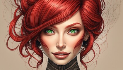 Young woman with striking red hair in elegant updo, mysterious green eyes, and a faint