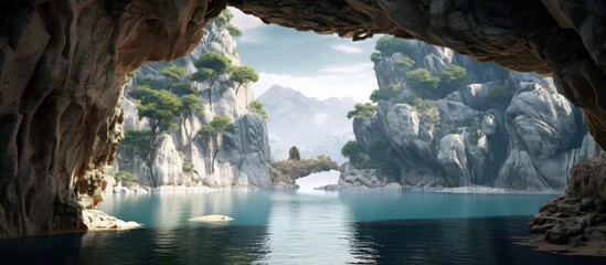 The view from inside the cave sees a hilly beach or river