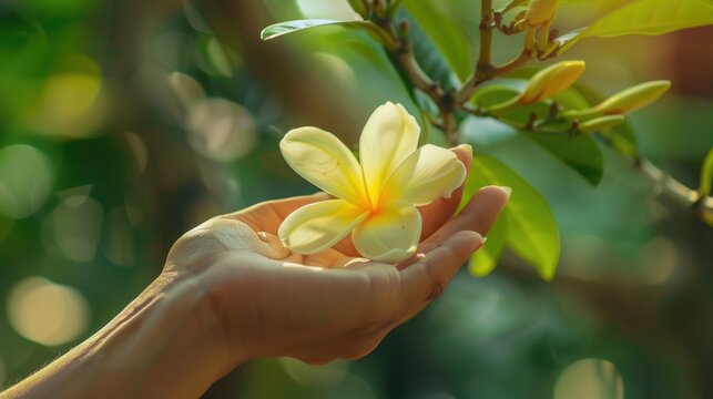 Champa Flower. Yellow Flower with Beautiful White Petals on a Green Background with Summer Vibes