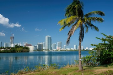 Cityscape of County. View from Biscayne Bay with Palm Tree. Urban Landscape