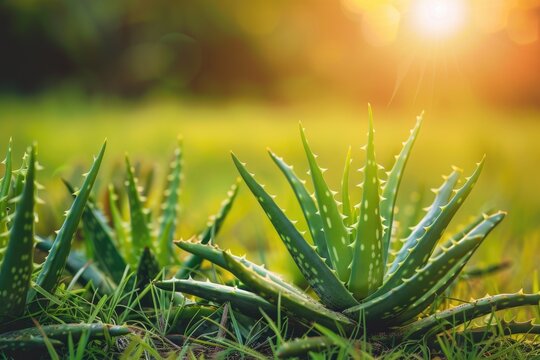 Babosa Green Flora - Beautiful Aloe Vera Plant with Thorn on Macro Closeup Nature Background