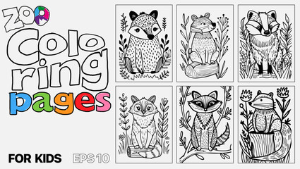 A set of six cat coloring pages for kids. The pages feature different types of animals and are designed for children to color. Kindle. POD.
