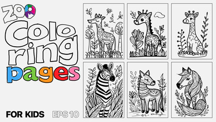 A set of six cat coloring pages for kids. The pages feature different types of animals and are designed for children to color. Kindle. POD.