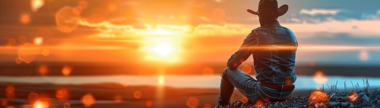 Sunset silhouette, Afro cowboy on ridge, contemplative, stunning backdrop