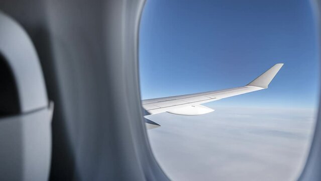 wing, blue sky,  seen through the airplane window, travel, vacation concept