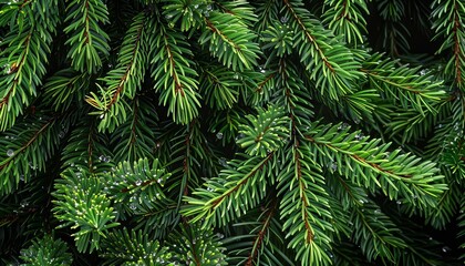 A background of dark green pine needles covered with dew, giving a serene forest ambiance