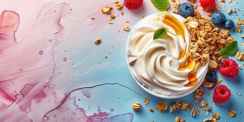 Delicious yogurt with fresh berries, raspberries, and blueberries on a vibrant and colorful background
