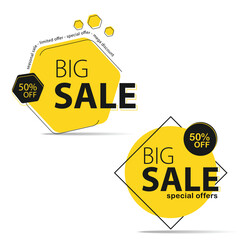set of two vector banner with rounded corners on the leg for mega big sales.set of Yellow tag templates with special offers for purchase, strokes and elements