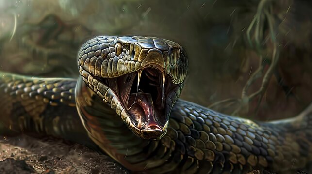 This illustration portrays a king cobra snake with its hood out, appearing to be about to strike.