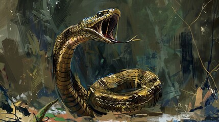 Fototapeta premium This illustration portrays a king cobra snake with its hood out, appearing to be about to strike.