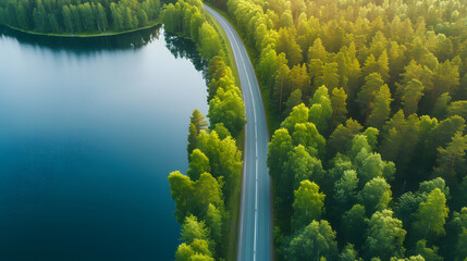 Aerial top view of country road in green summer forest and blue lake. Rural landscape in Finland. 3Dl illustration