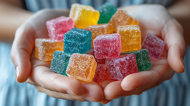 Holding medical hemp gummy candy edibles on a white background