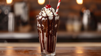 A rich chocolate milkshake in a tall glass, topped with whipped cream, chocolate drizzle, and a...