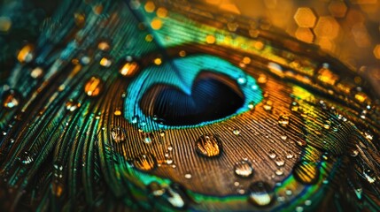 Naklejka premium Wet peacock feather in abstract composition