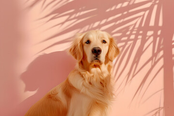 An adorable dog image sits against a pink background. Advertising banner design for a veterinarian clinic or pet store.