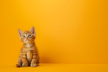 An adorable cat image sits against a yellow background. Advertising banner design for a veterinarian clinic or pet store.