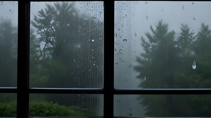 Raindrops sliding down a foggy glass window, distorting the view outsid