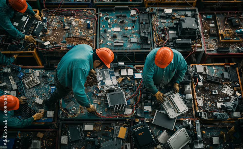 Poster electronic waste sorting center. focus on workers disassembling parts of old electronics for recycli
