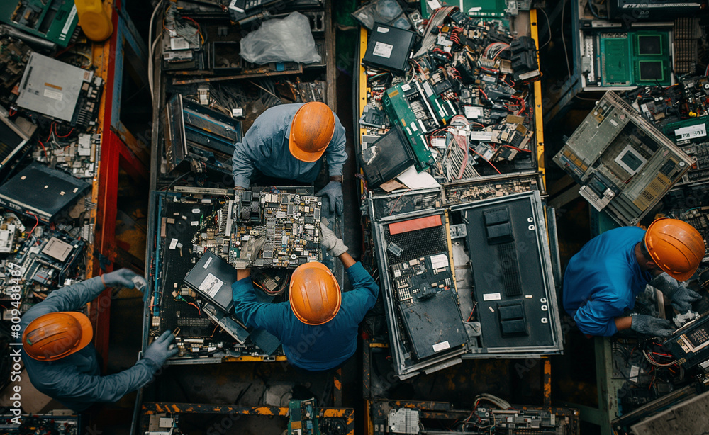 Poster electronic waste sorting center. focus on workers disassembling parts of old electronics for recycli