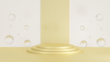Golden cylinder podium, white and gold background for advertising products, cosmetics, fashion, 3D illustration