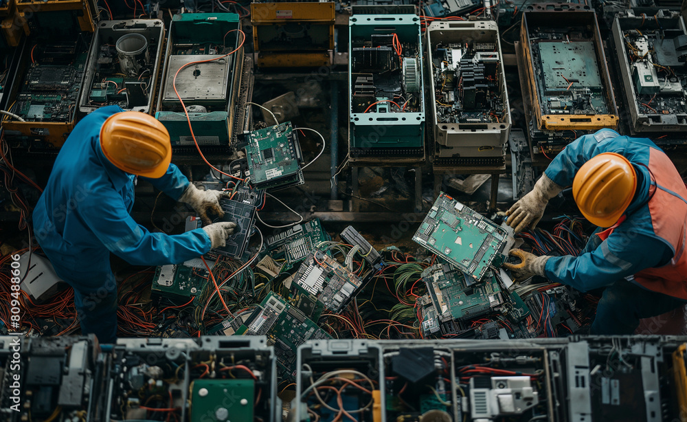 Poster electronic waste sorting center. focus on workers disassembling parts of old electronics for recycli