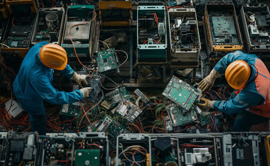 Electronic waste sorting center. Focus on workers disassembling parts of old electronics for recycling. 