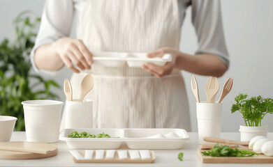 Biodegradable products such as utensils, containers, or packaging in use during an everyday meal. 