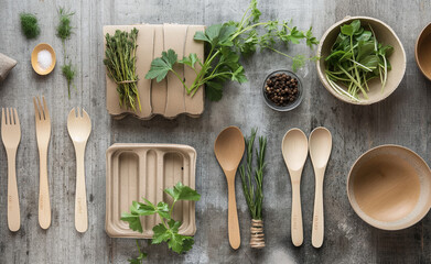 Biodegradable products such as utensils, containers, or packaging in use during an everyday meal. 