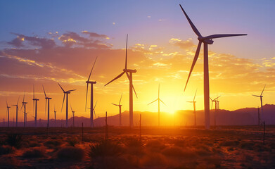 Wind turbines against the backdrop of a stunning sunset. 