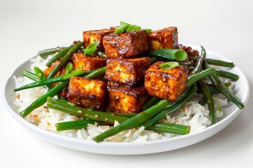 Air Fryer Tofu and Green Beans with Scallions in Zesty Chili-Garlic