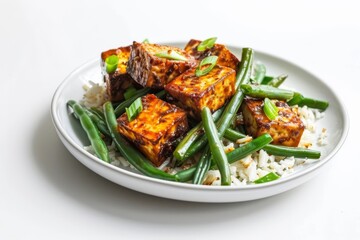 Crispy Air Fryer Chili-Garlic Tofu with Green Beans on Rice