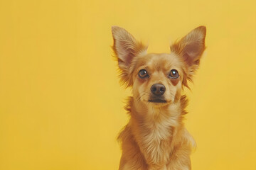 An adorable dog image sits against a yellow background. Advertising banner design for a veterinarian clinic or pet store.