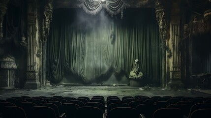 Image of a spectral abandoned theatre, where faded velvet curtains hang like ghosts on silent stages, and whispers of past performances linger in the dusty air.