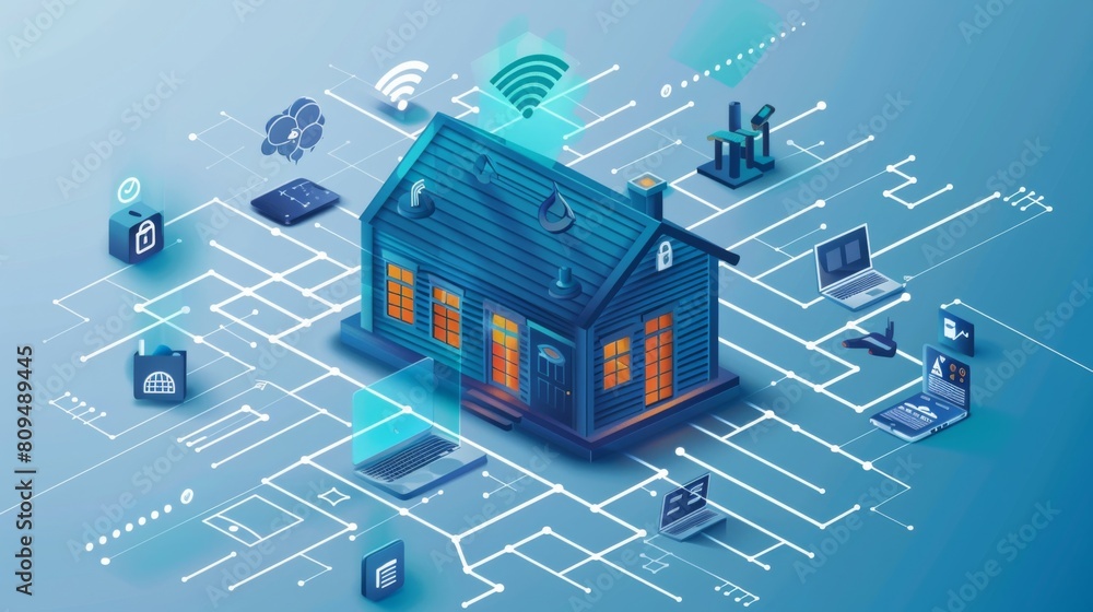Poster home office tech upgrade with iot for efficiency and blockchain for data integrity