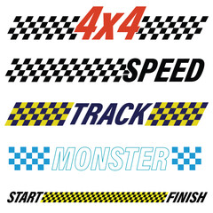 Set of different color sport flags silhouettes for start and finish lines. Text and logo race track design elements